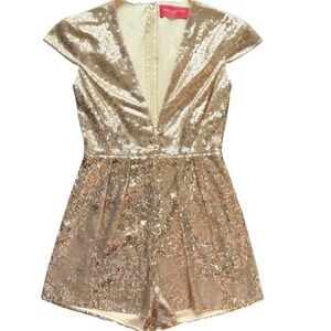 AKIRA CHICAGO‎ Gold Sequin Romper Deep V-Neck Pleated Party Playsuit S Statement